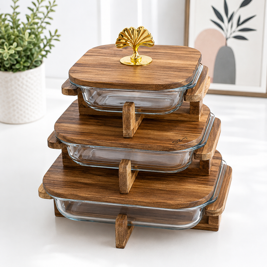 Walnut Wood Square Glass Serving Dish with Stand