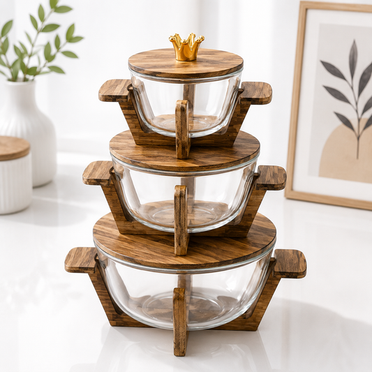 Walnut Wood Glass Salad Bowl with Lid & Stand