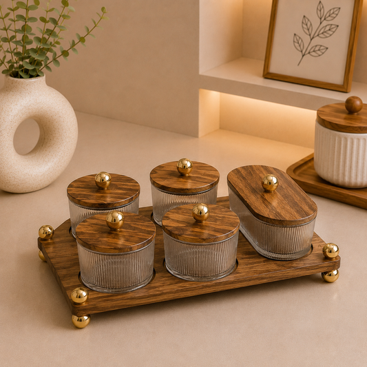 Premium 5 Pcs Glass Dry Fruit Serving Set with Walnut Stand