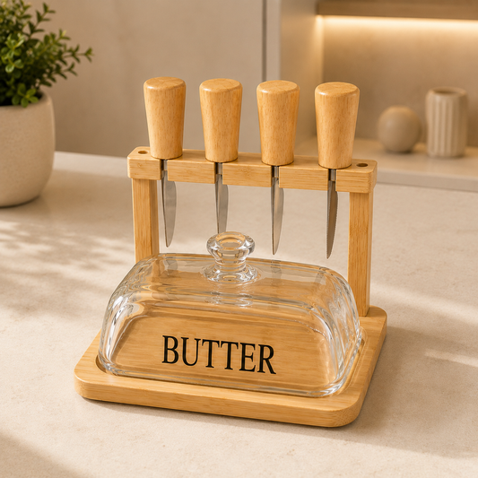 Premium Bamboo Butter Dish Set with Glass Cover & Knife Stand