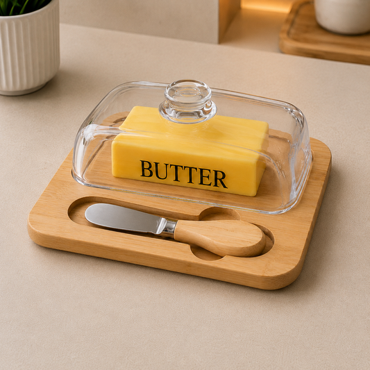 Premium Acrylic Butter Dish with Wooden Base & Butter Knife