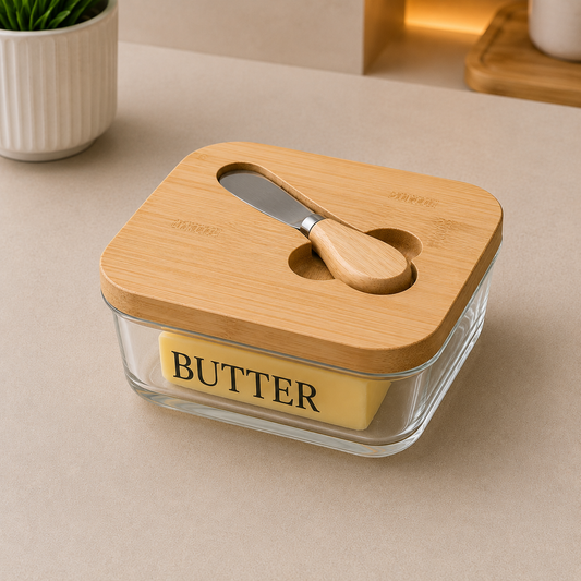 Premium Glass Butter Keeper with Wooden Lid & Butter Knife