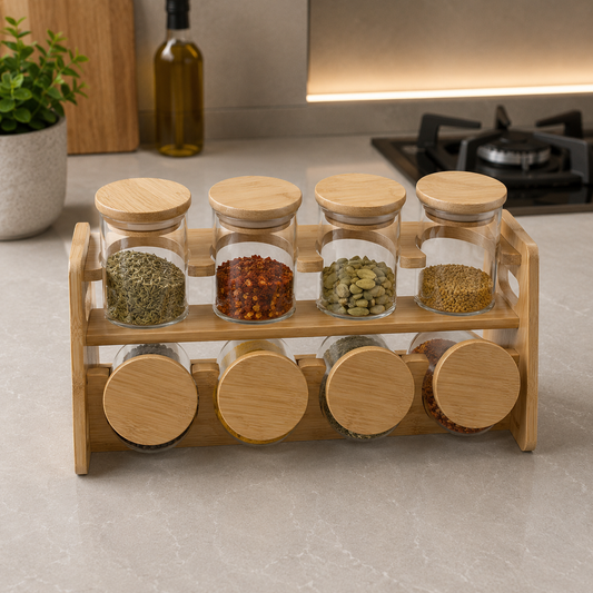 Premium Bamboo Spice Rack Set – 8 Jar Organizer