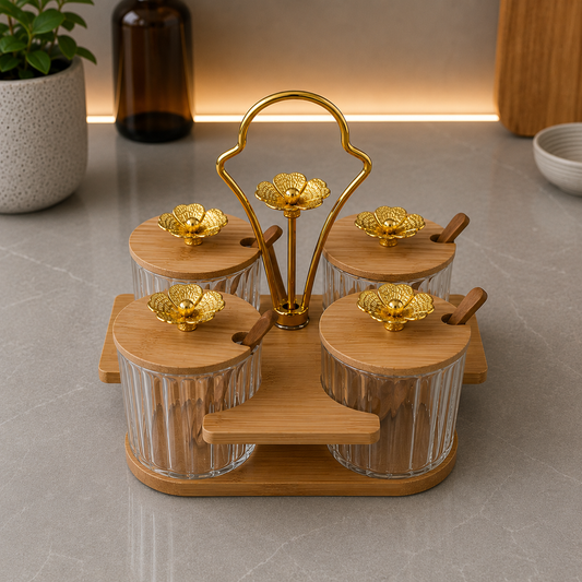 Premium Glass Condiment Jar Set with Wooden Stand