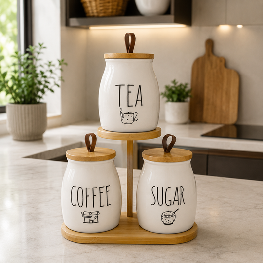 Premium 3-Piece Ceramic Tea, Coffee & Sugar Canister Set with Wooden Stand