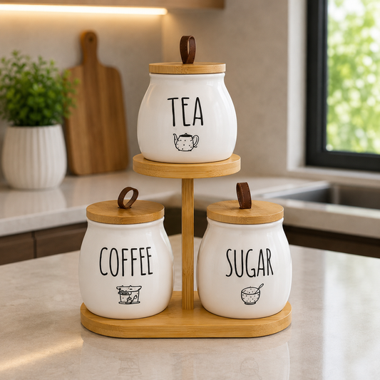 Premium 3-Piece Ceramic Tea, Coffee & Sugar Canister Set with Bamboo Stand