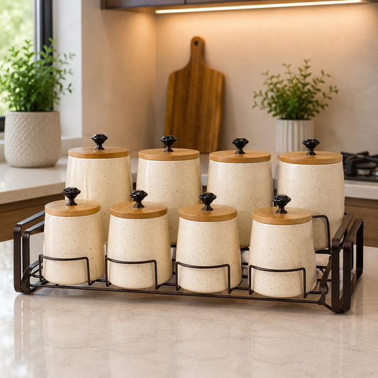 Premium 8-Piece Ceramic Storage Jar Set with Wooden Lids & Metal Rack