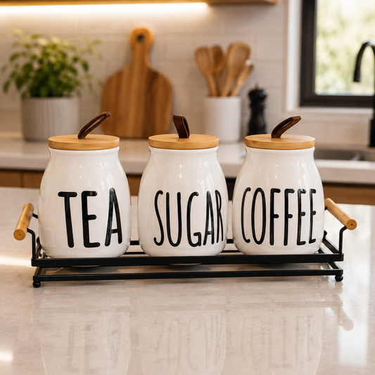 Premium 3-Piece Ceramic Tea, Coffee & Sugar Canister Set with Wooden Lids and Metal Tray