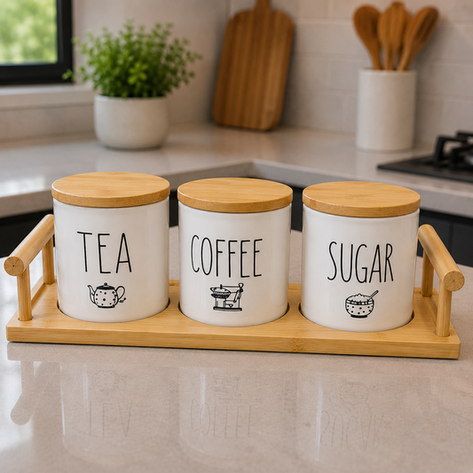 Premium Ceramic Tea, Coffee & Sugar Canister Set with Wooden Stand – 3 Pieces