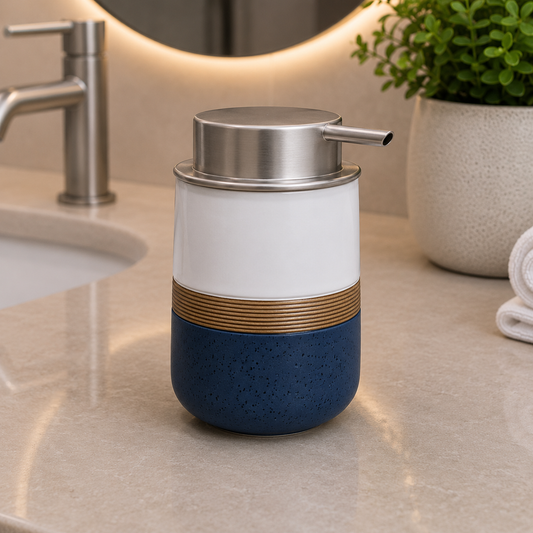 Premium Glossy White & Speckled Navy Blue Ceramic Soap Dispenser with Silver Pump