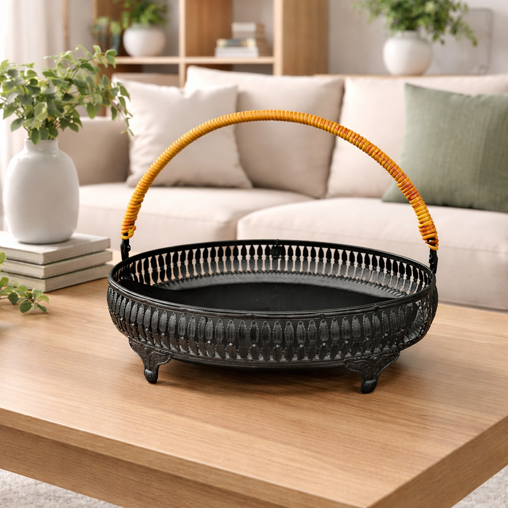 Vintage Style Metal Serving Basket with Rattan Handle – Oval