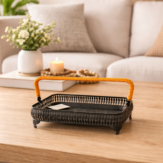 Vintage Style Metal Serving Basket with Rattan Handle – Rectangular