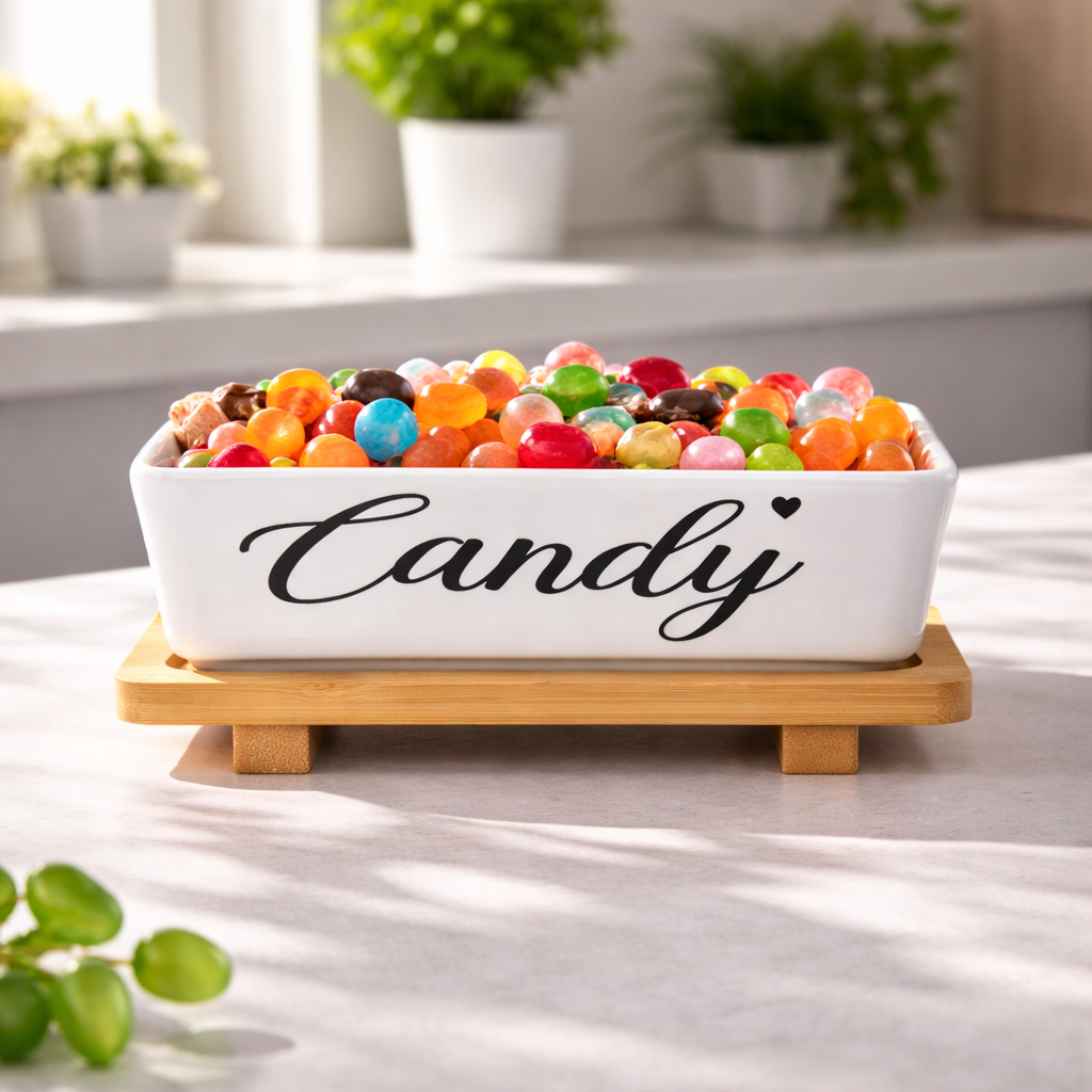 Sweet Ceramic Candy Serving Dish with Bamboo Stand