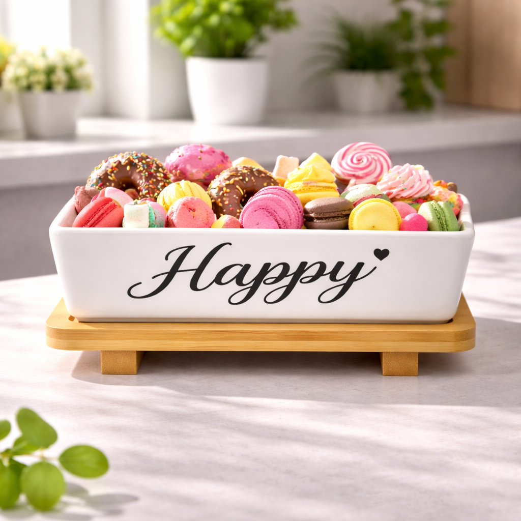 Sweet Ceramic Candy Serving Dish with Bamboo Stand