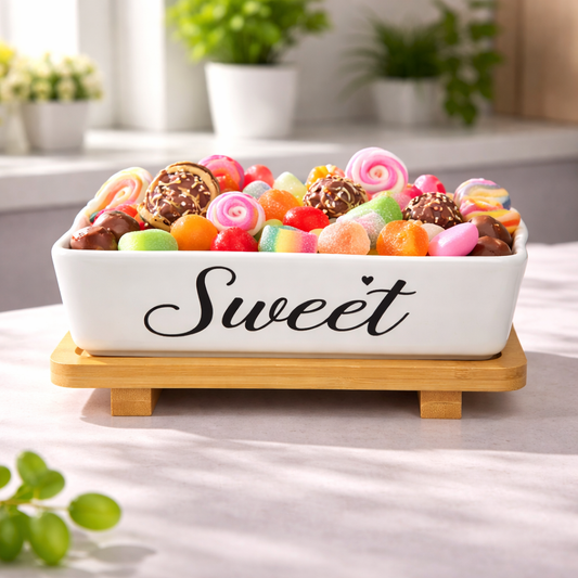 Sweet Ceramic Candy Serving Dish with Bamboo Stand