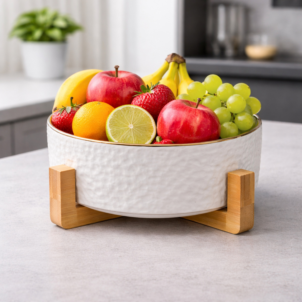 Golden Line Ceramic Bowl with Wooden Stand
