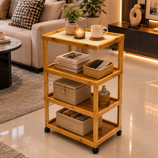 Nordic Rattan 4-Layer Wooden Rolling Trolley