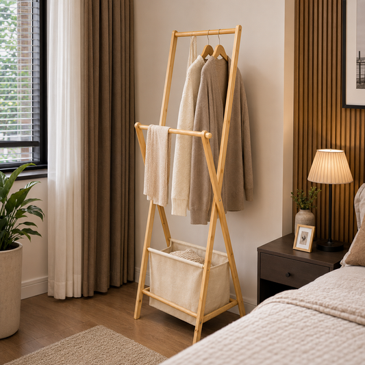Nordic Wooden Clothes Hanging Stand with Storage Basket