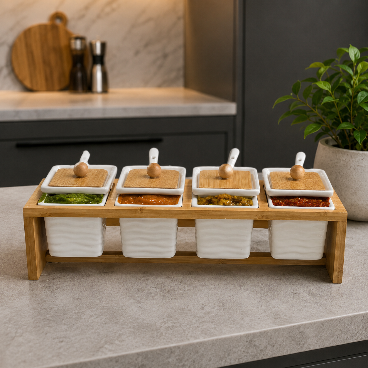 Nordic 4Pcs Ceramic Chutney Serving Set with Bamboo Stand