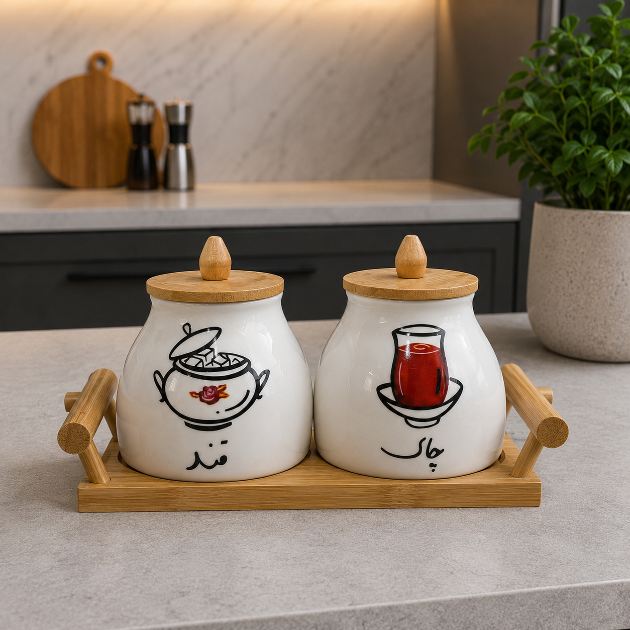 Traditional Tea & Sugar Ceramic Jar Set with Bamboo Tray
