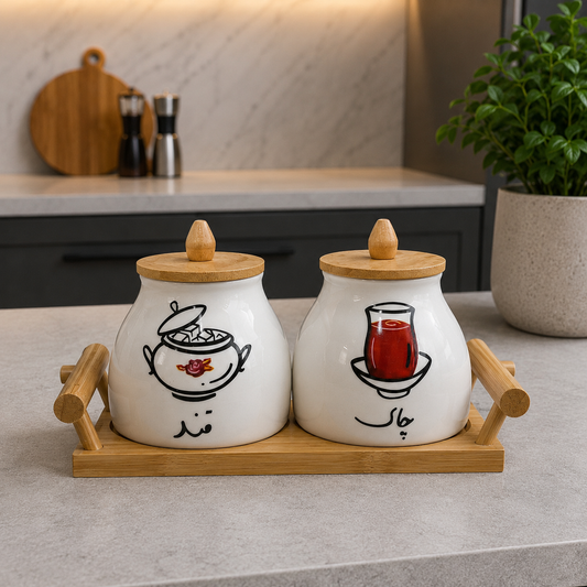 Traditional Tea & Sugar Ceramic Jar Set with Bamboo Tray
