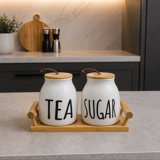 Nordic Tea & Sugar Ceramic Jar Set with Bamboo Tray
