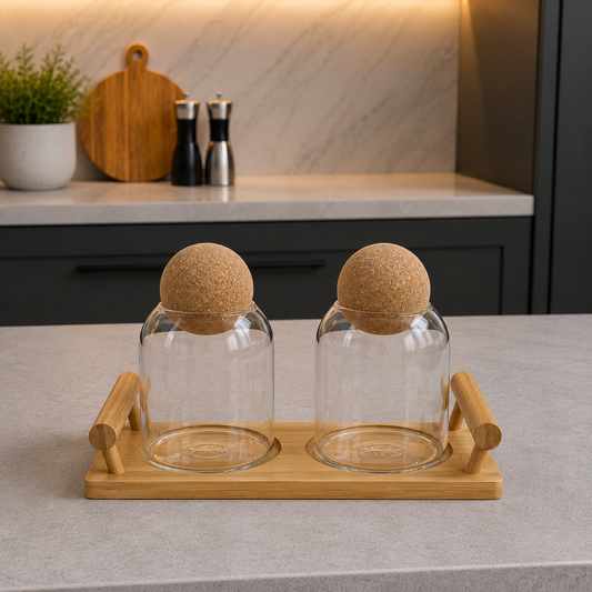 Nordic Ball-Top Glass Jar Set with Bamboo Tray