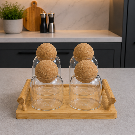 Nordic Ball-Top 4Pcs Glass Jar Set with Bamboo Tray
