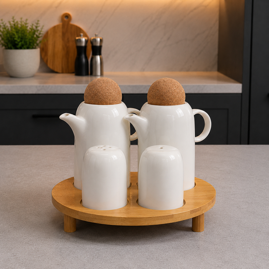 Nordic Salt & Pepper Oil & Vinegar Ceramic Set with Bamboo Stand