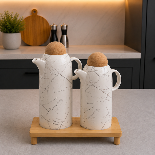 Marble Design Ceramic Jug Set with Wooden Stand