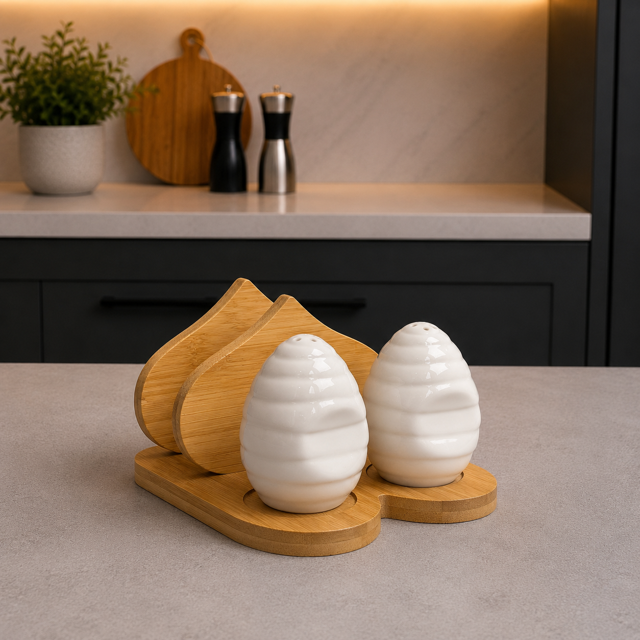 Beehive Salt & Pepper Set with Bamboo Napkin Holder
