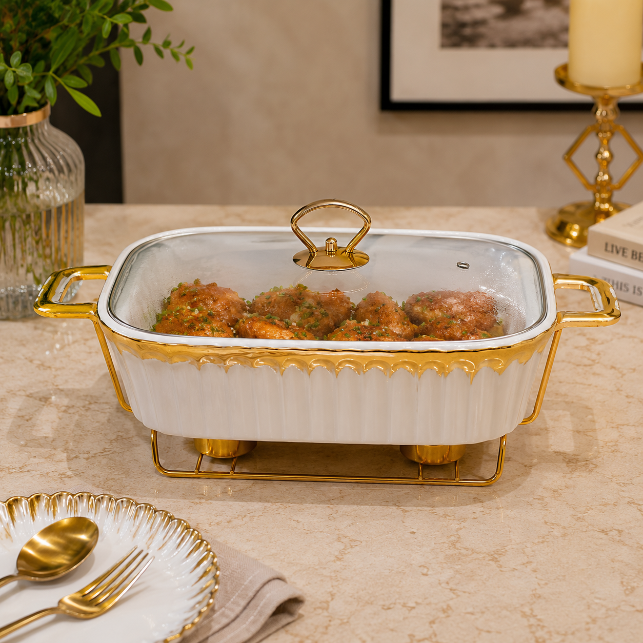 Brilliant Gold Trim Casserole with Glass Lid