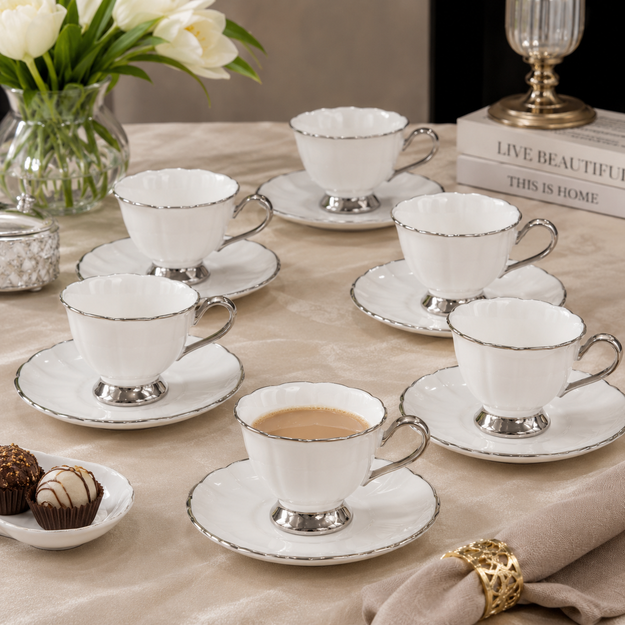 Brilliant Silver Rim Tea Cup & Saucer Set – 6 Pieces