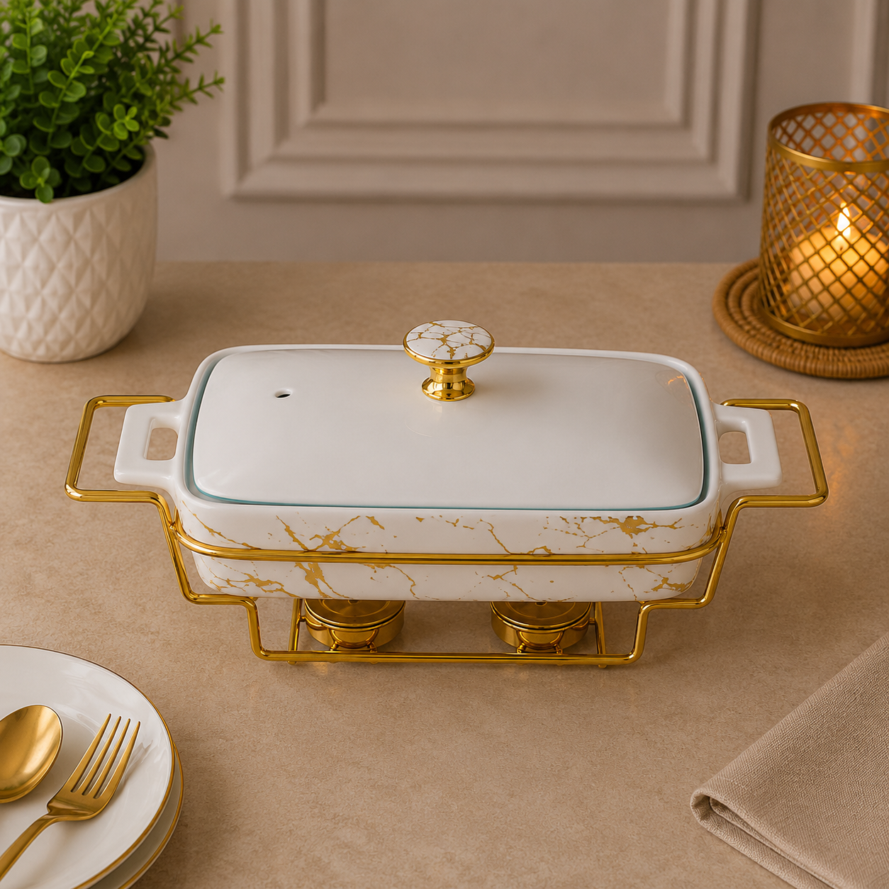 Marble Charm 12" Rectangular Ceramic Casserole with Metal Candle Stand