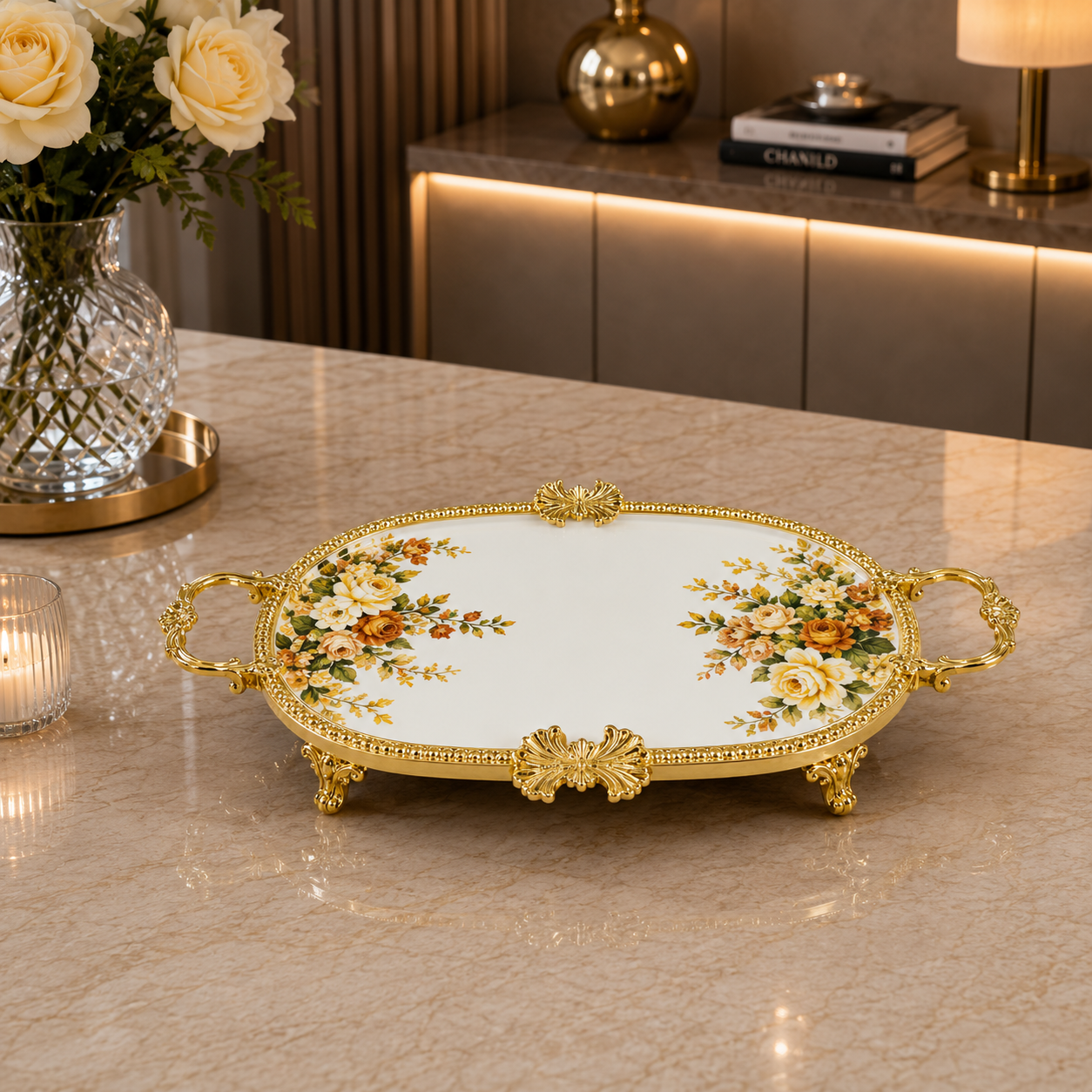 Brilliant Royal Blossom Gold Oval Flat Tray – 33x21x6cm