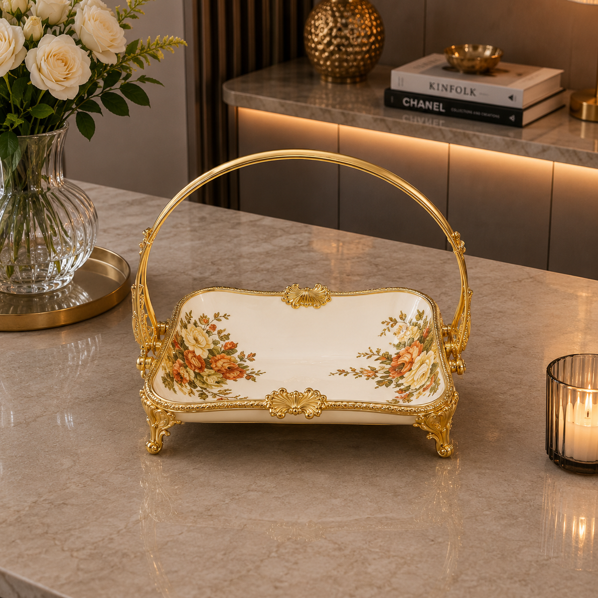 Brilliant Royal Blossom Gold Rect Deep Basket Tray – 18x25x23cm