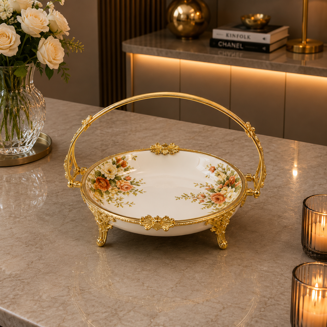 Brilliant Royal Blossom Gold Round Deep Basket Tray – 20x29x23cm