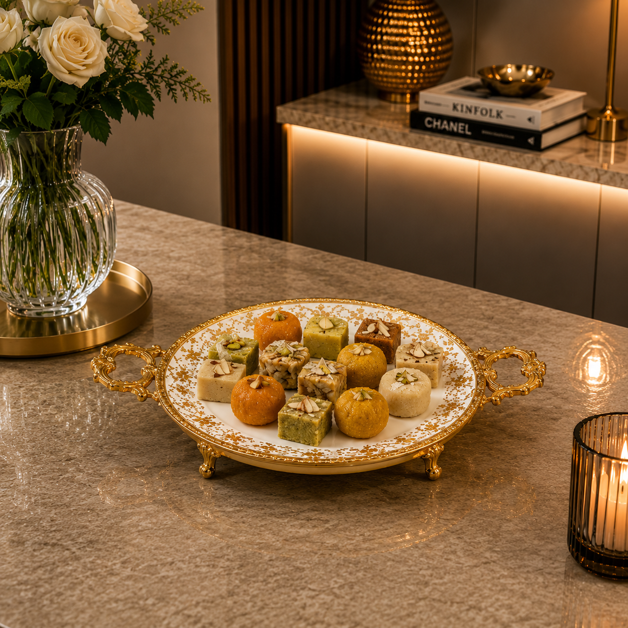 Brilliant Royal Gold Round Flat Serving Tray – 35x6cm