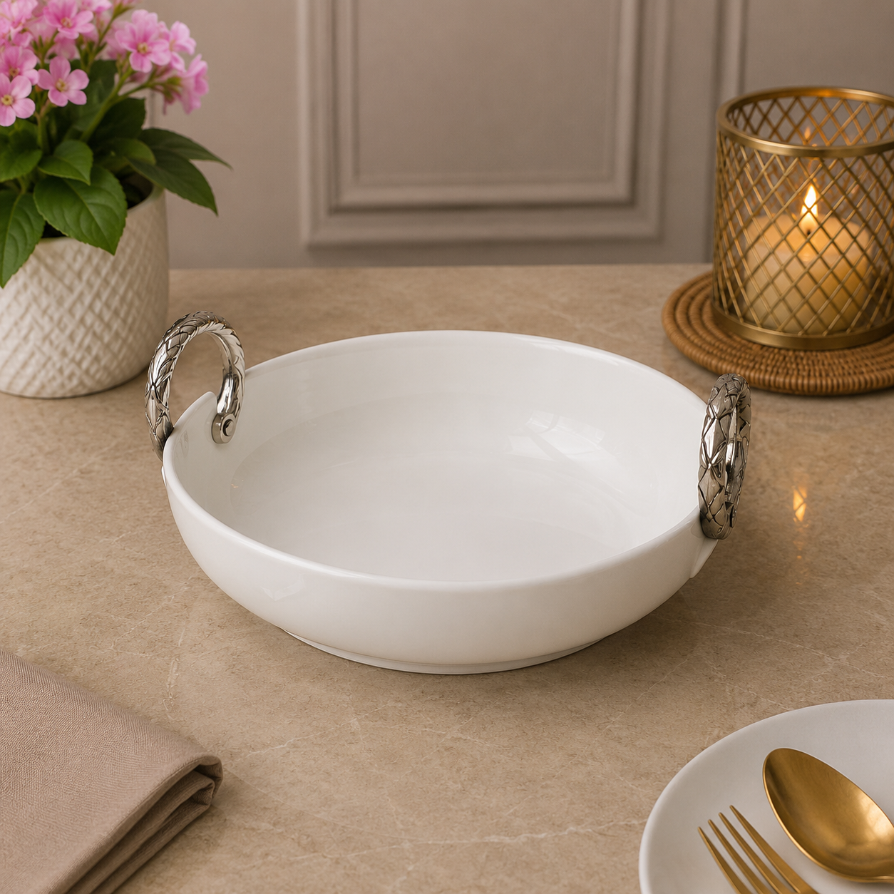 Brilliant Silver Essence 10.25" Oval Ceramic Bowl with Metal Handles