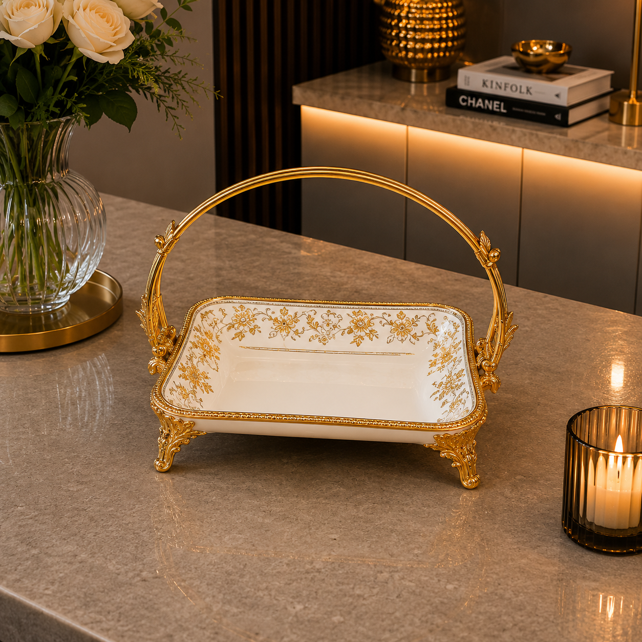 Brilliant Royal Gold Rectangle Deep Basket Tray – 18x25x23cm