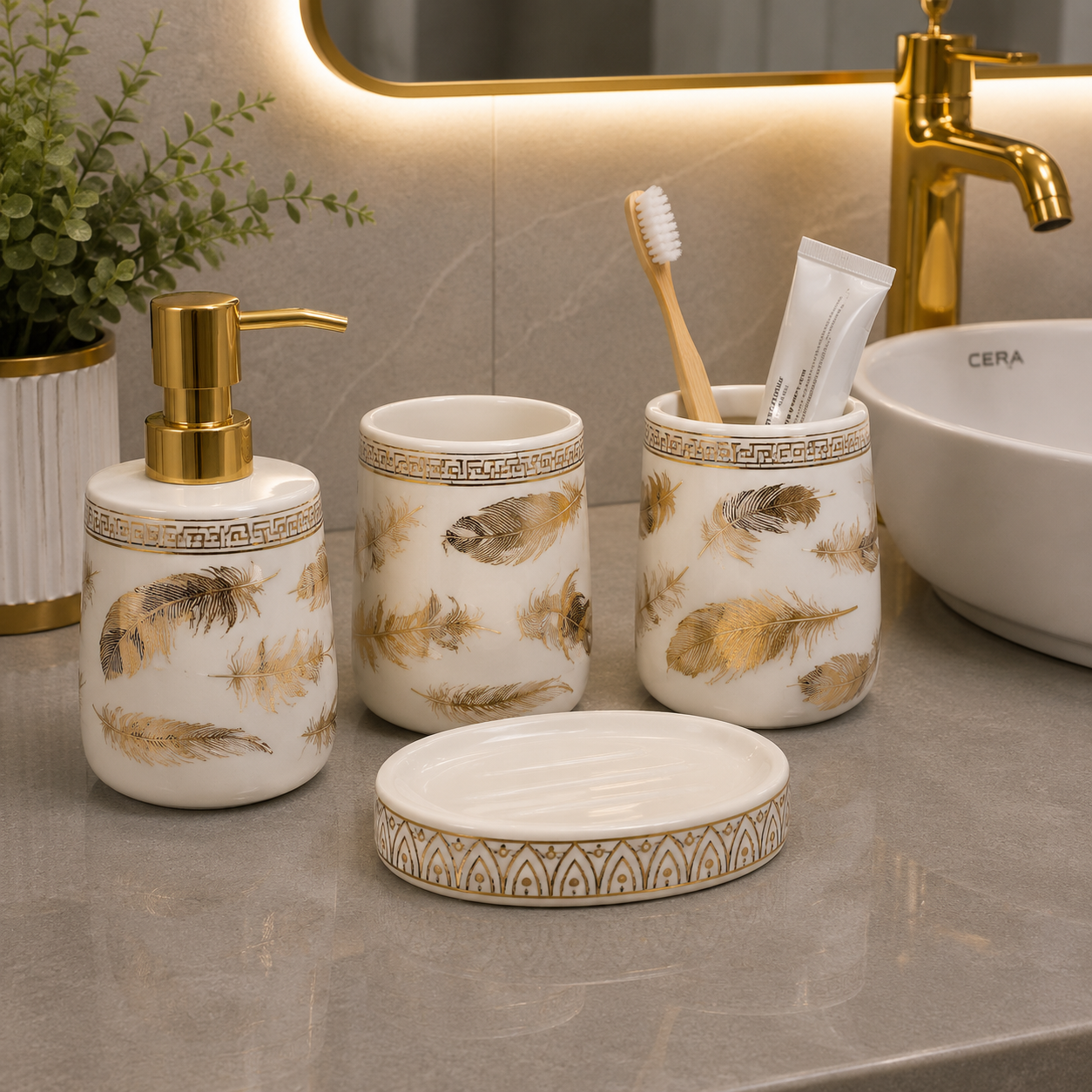 Brilliant Luxury Gold Leaf Bathroom Accessory Set