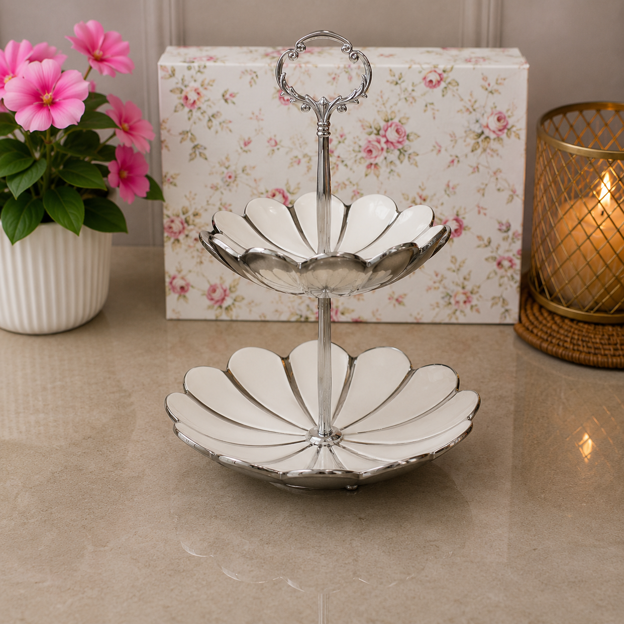 Brilliant Silver Blossom 2-Tier Ceramic Bowl Stand Set