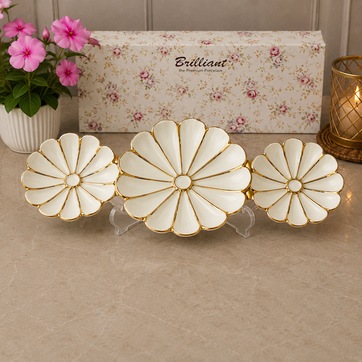 Brilliant Golden Petal 15" Ceramic 3-Grid Serving Bowl