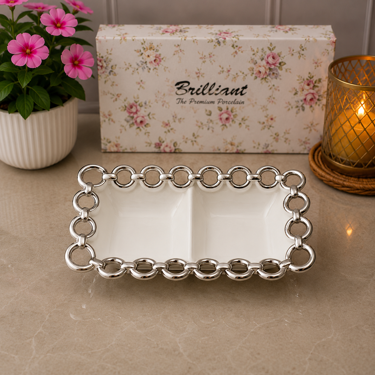 Brilliant Silver Circle Duo 8.75" Rectangular Ceramic Bowl