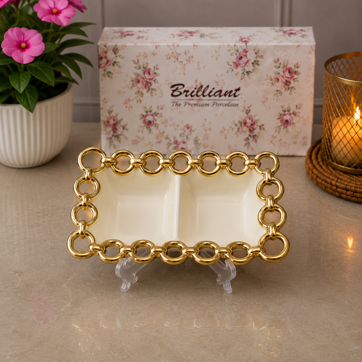Brilliant Golden Circle Duo 8.75" Rectangular Ceramic Bowl