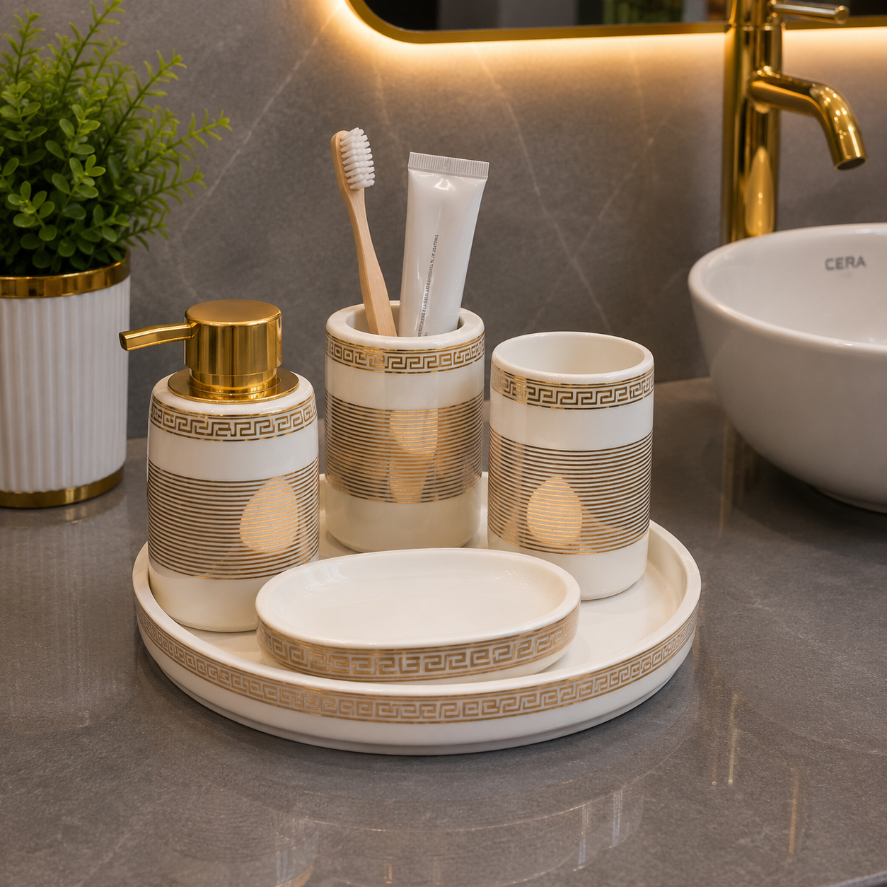 Brilliant Luxury Gold Line Bathroom Tray Set