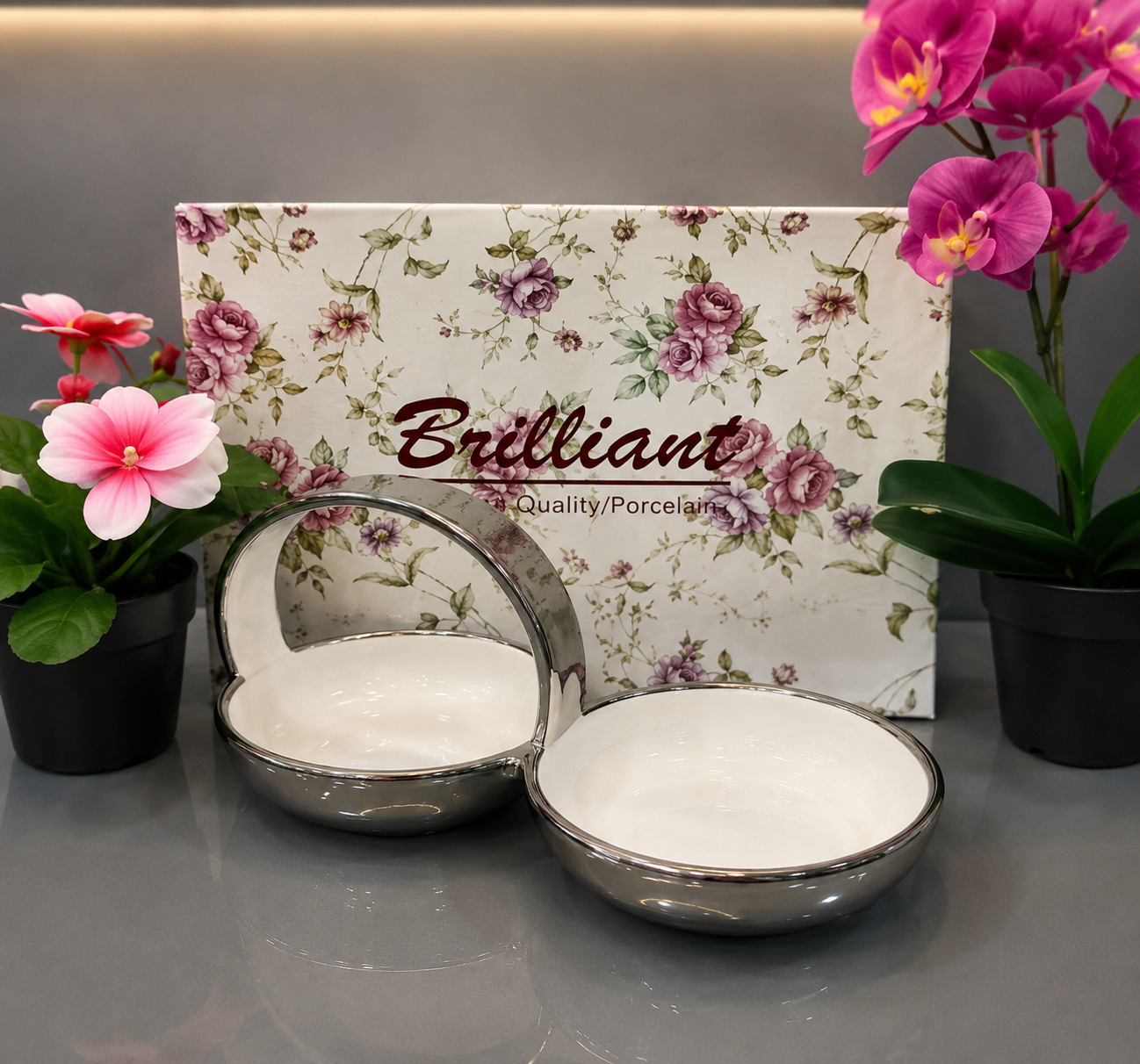 Brilliant Silver Nest 10.5" Ceramic Snack Bowl Set with Metal Handle