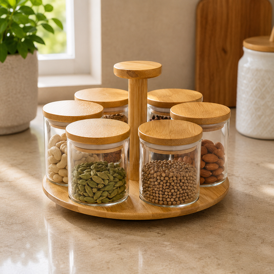 Premium 6Pc Glass Jar Set with Rotating Wooden Stand