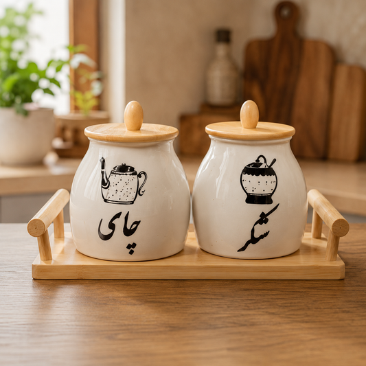 Elegant Ceramic Storage Jar Set with Wooden Lids & Spoons