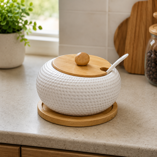 Premium Textured Ceramic Sugar Jar with Wooden Lid & Spoon